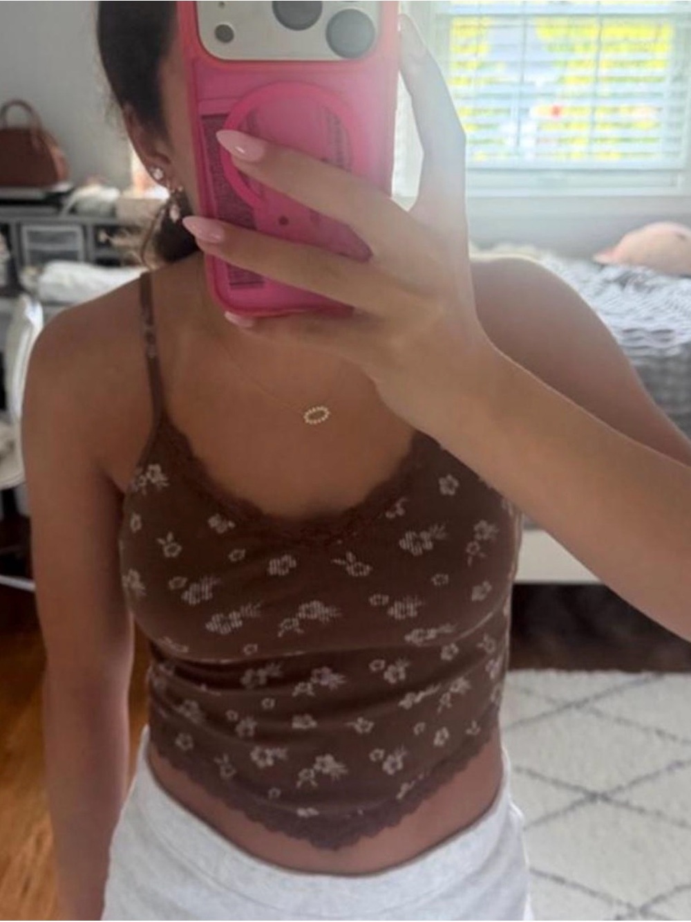 Hollister Brown Floral Lace-Trim Cami - Size M